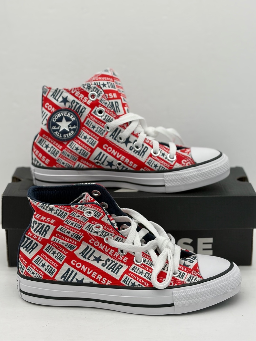 Converse Women’s High Top Sneakers - Red, White, Navy Logo Print - Picture 2 of 8